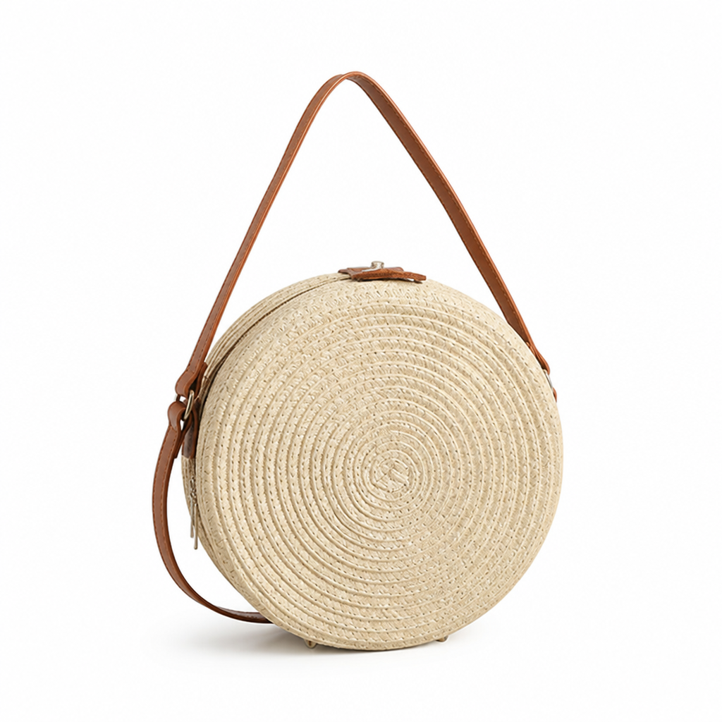 Eco-Friendly Natural Leather-Handled Round Shoulder Bag
