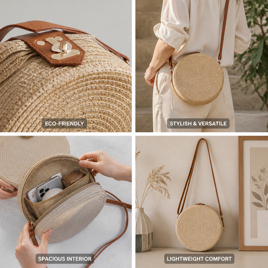 Eco-Friendly Natural Leather-Handled Round Shoulder Bag