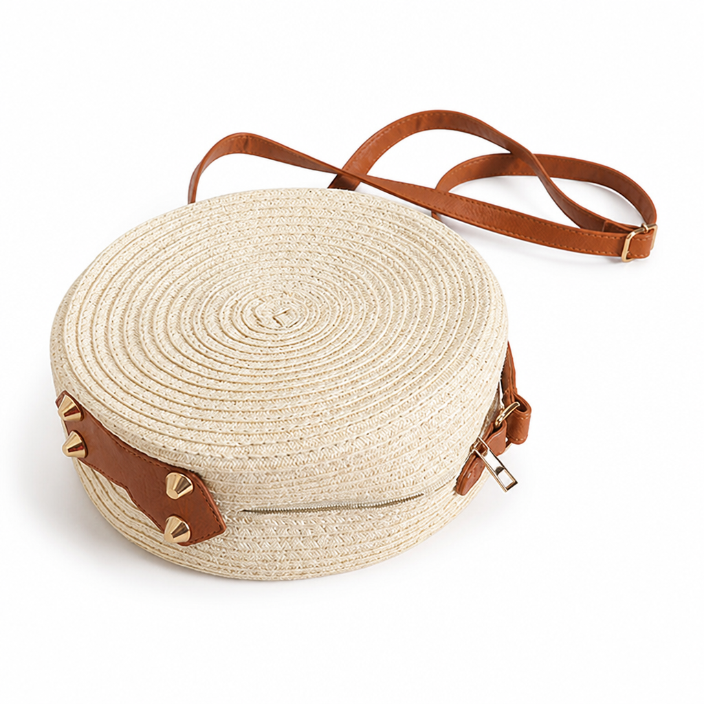 Eco-Friendly Natural Leather-Handled Round Shoulder Bag