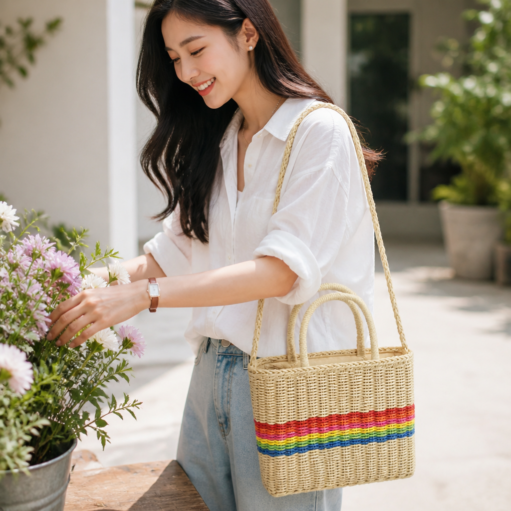 Eco-Friendly Natural Raffia Striped Handbag (Adjustable Strap)
