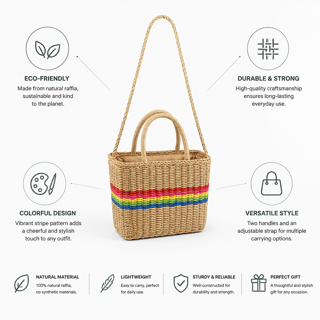 Eco-Friendly Natural Raffia Striped Handbag (Adjustable Strap)