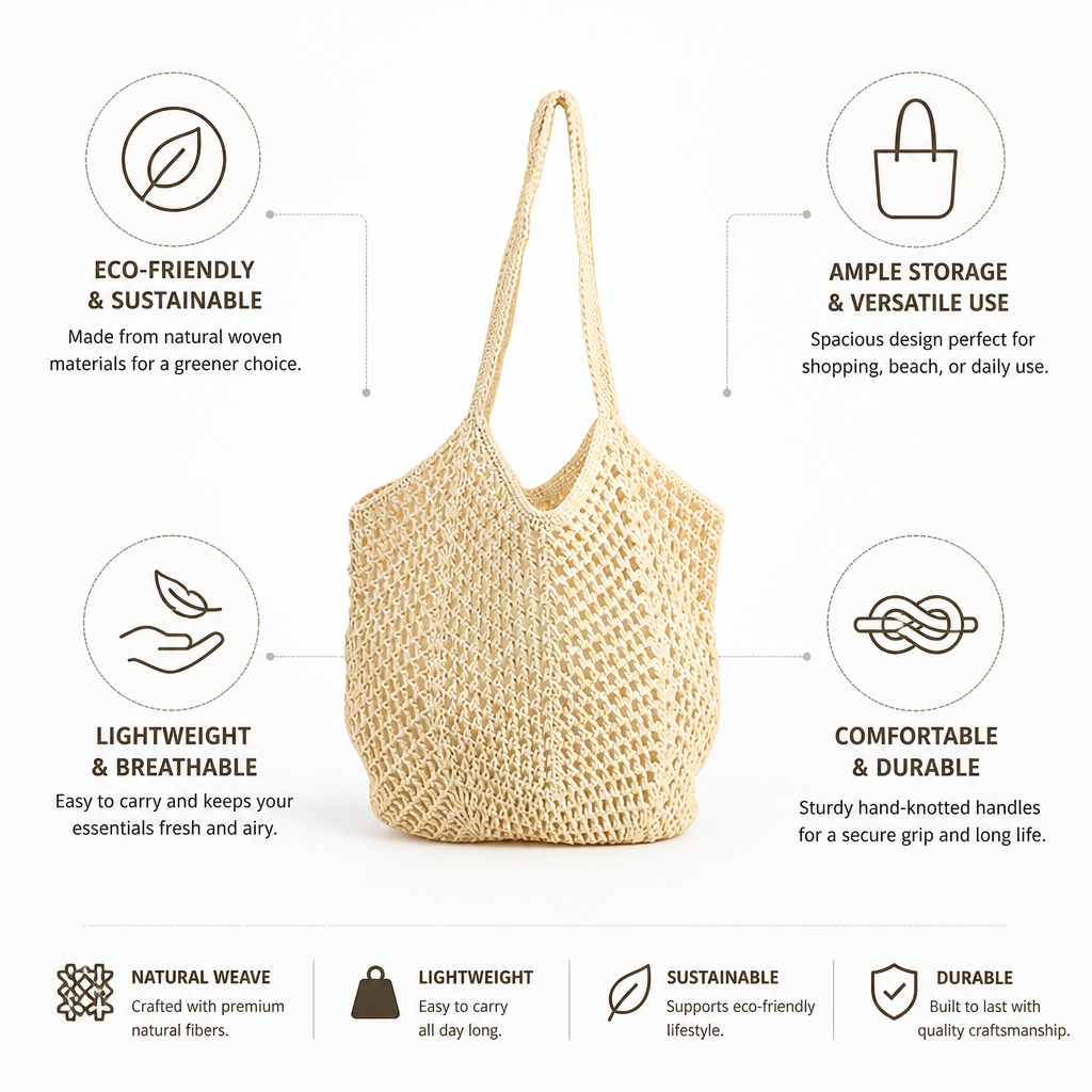 Eco-Friendly Natural Woven Tote Bag (Hand-Knotted Handles)