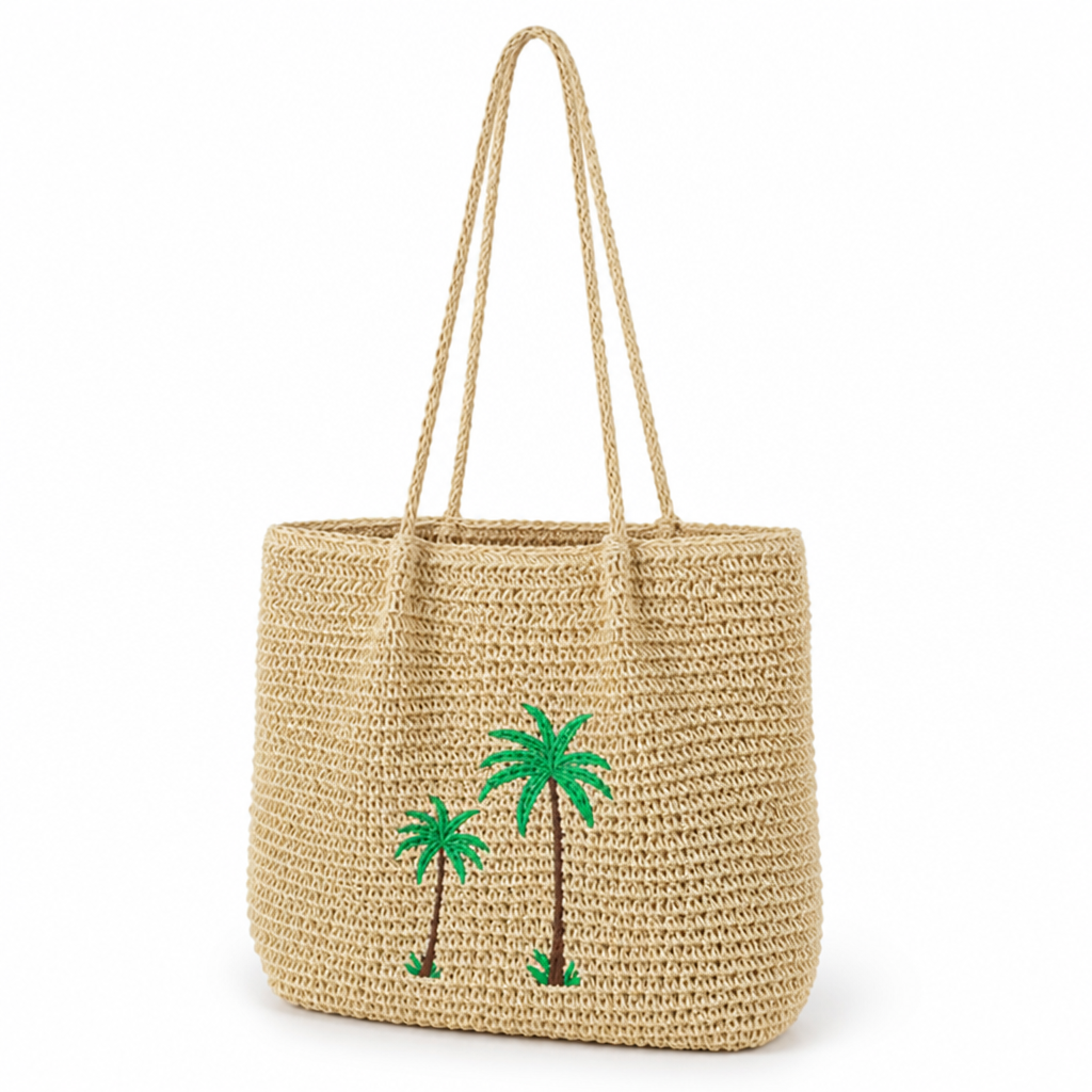 Eco-Friendly Palm-Print Straw Tote Bag (Long Straps)
