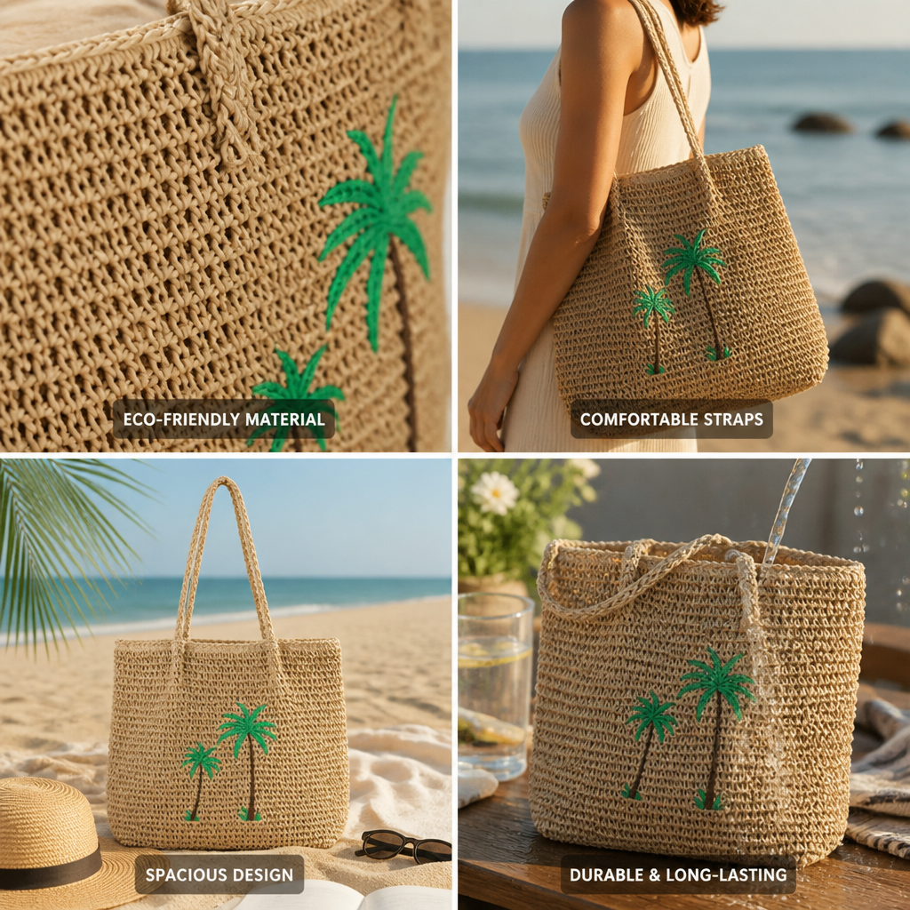Eco-Friendly Palm-Print Straw Tote Bag (Long Straps)