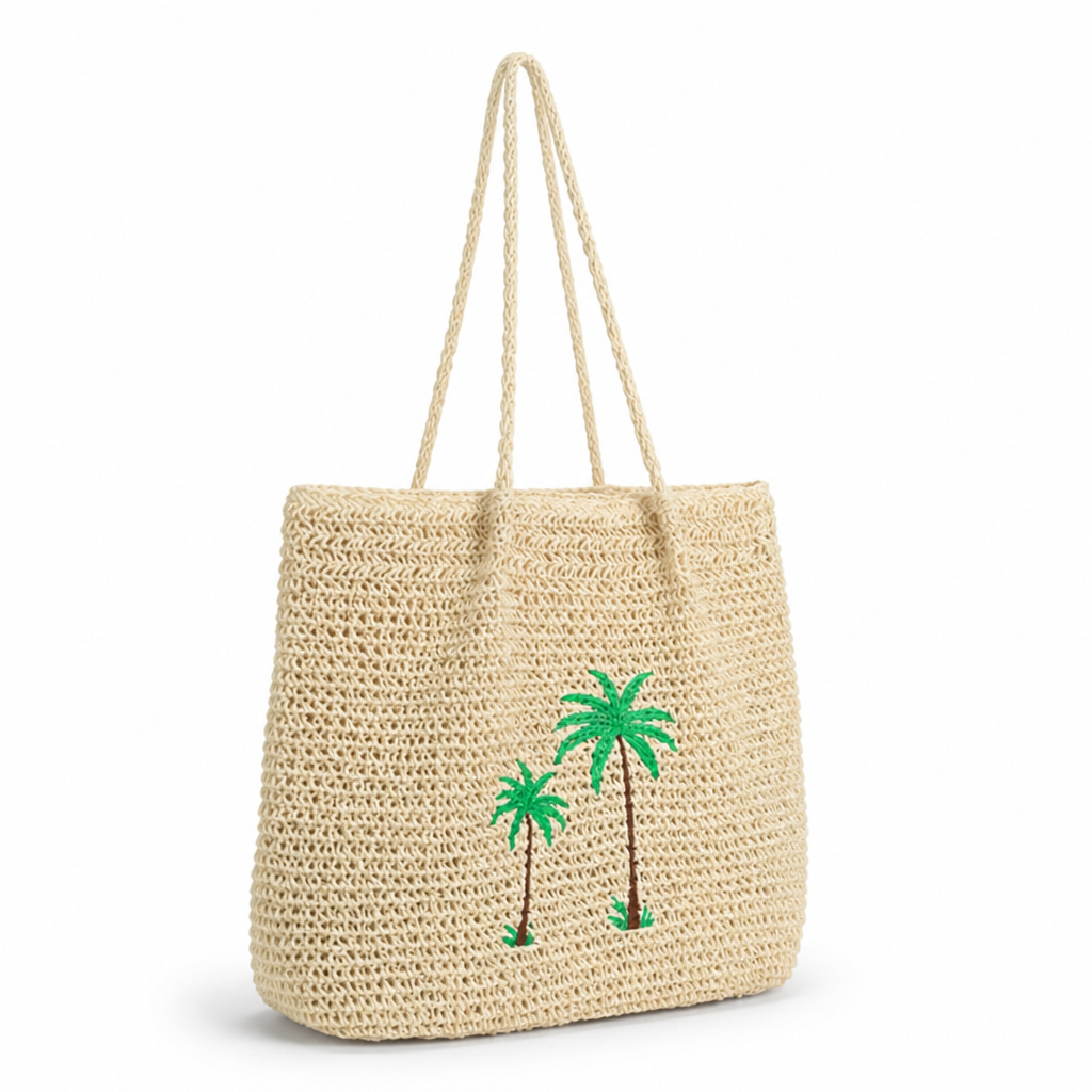 Eco-Friendly Palm-Print Straw Tote Bag (Long Straps)