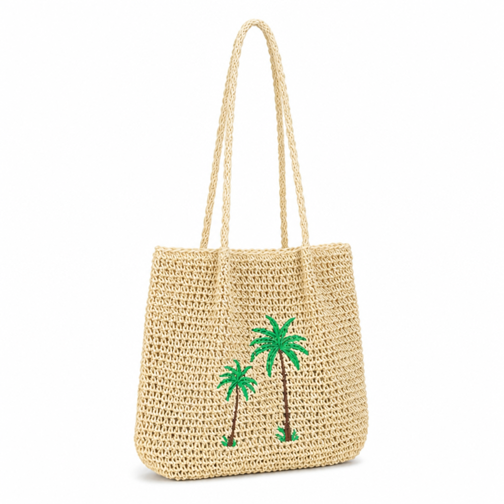 Eco-Friendly Palm-Print Straw Tote Bag (Long Straps)