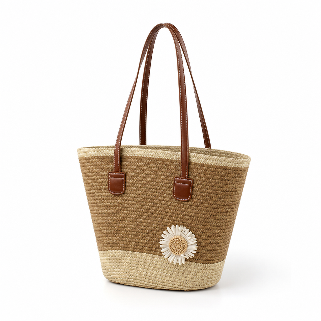 Eco-Friendly Straw Floral Applique Tote (Adjustable Leather Handles)