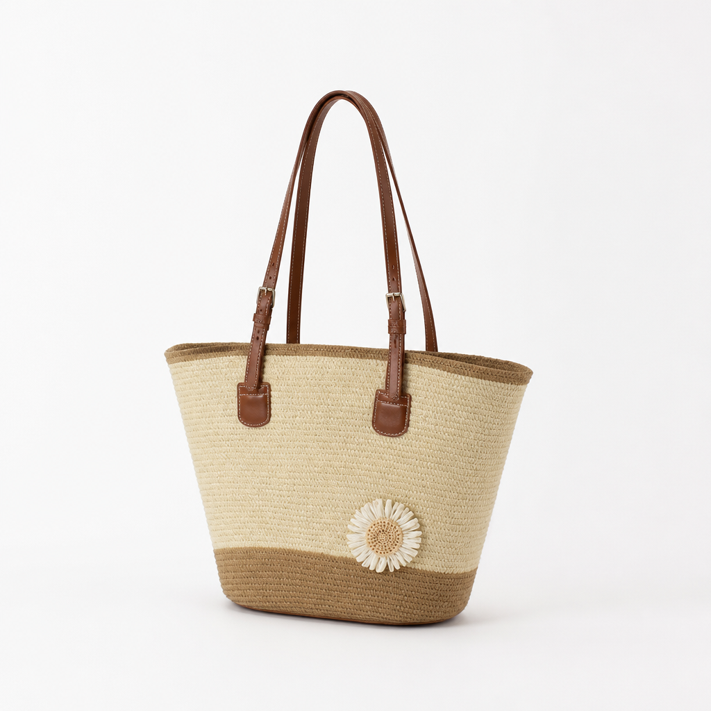 Eco-Friendly Straw Floral Applique Tote (Adjustable Leather Handles)