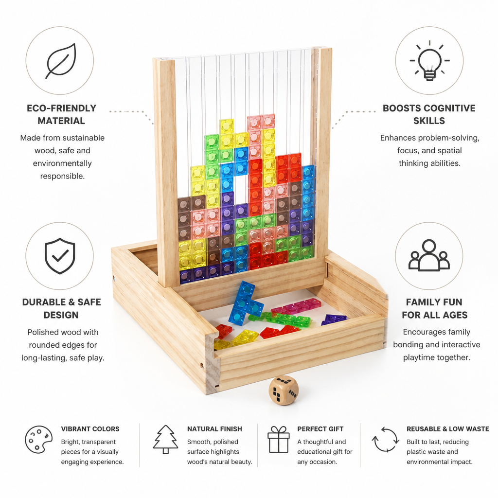 Eco-Friendly Wooden Tetris Puzzle (Transparent Pieces)