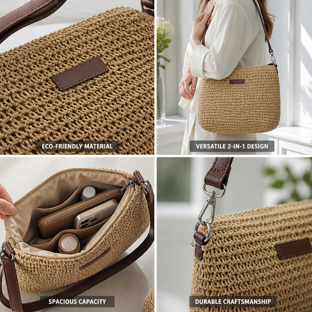 Eco-Friendly Woven Leather-Accented Convertible Handbag
