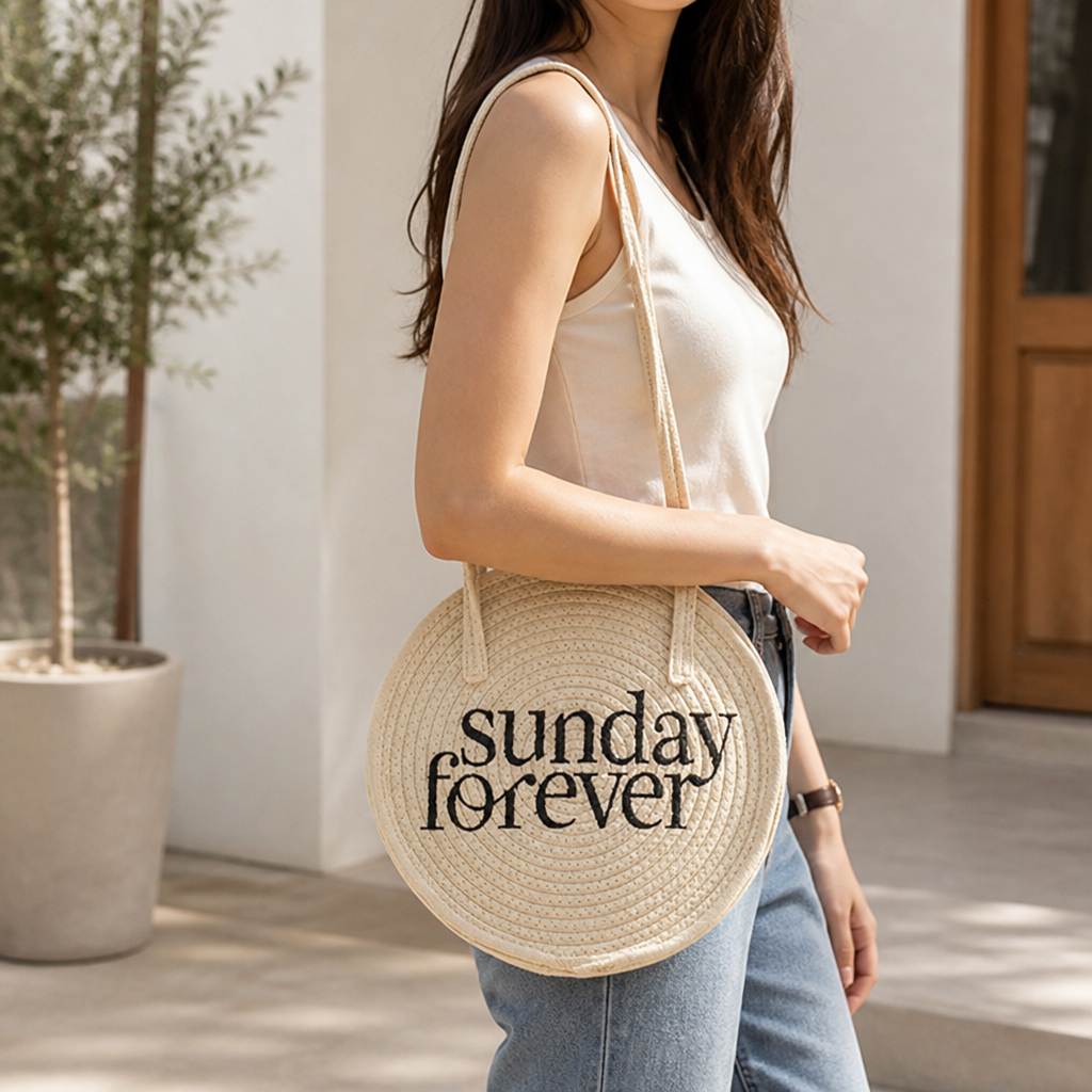 Eco-Friendly Woven Straw Round Tote Bag (Shoulder Strap)