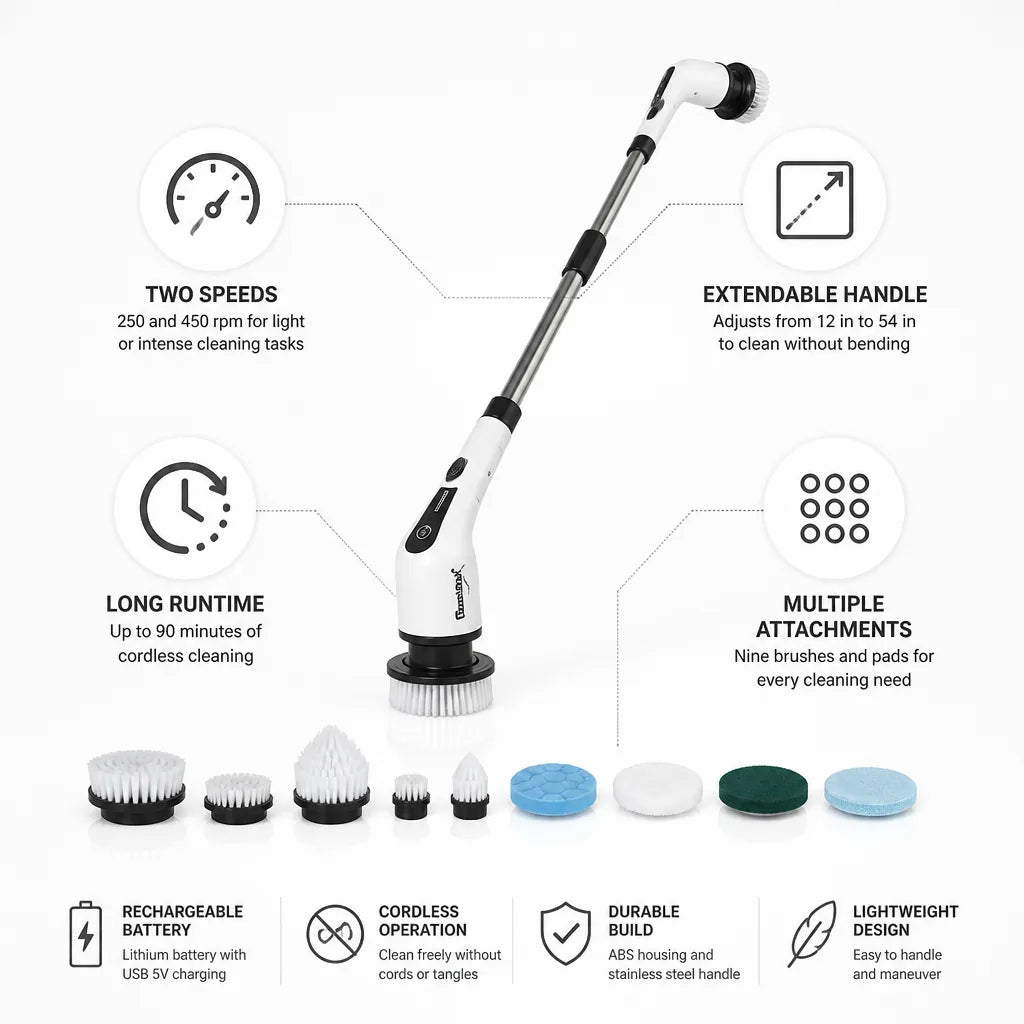 Electric Cleaning Brush Cordless Telescopic Handle Multiple Attachments