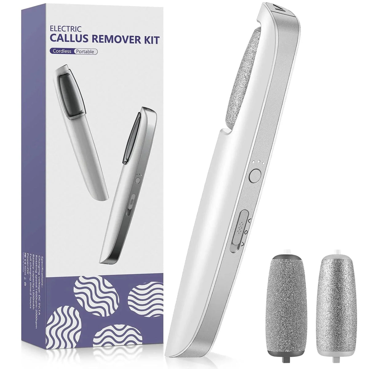 Electric Foot File Rechargeable Cordless Dual Roller Heads 3 Speeds