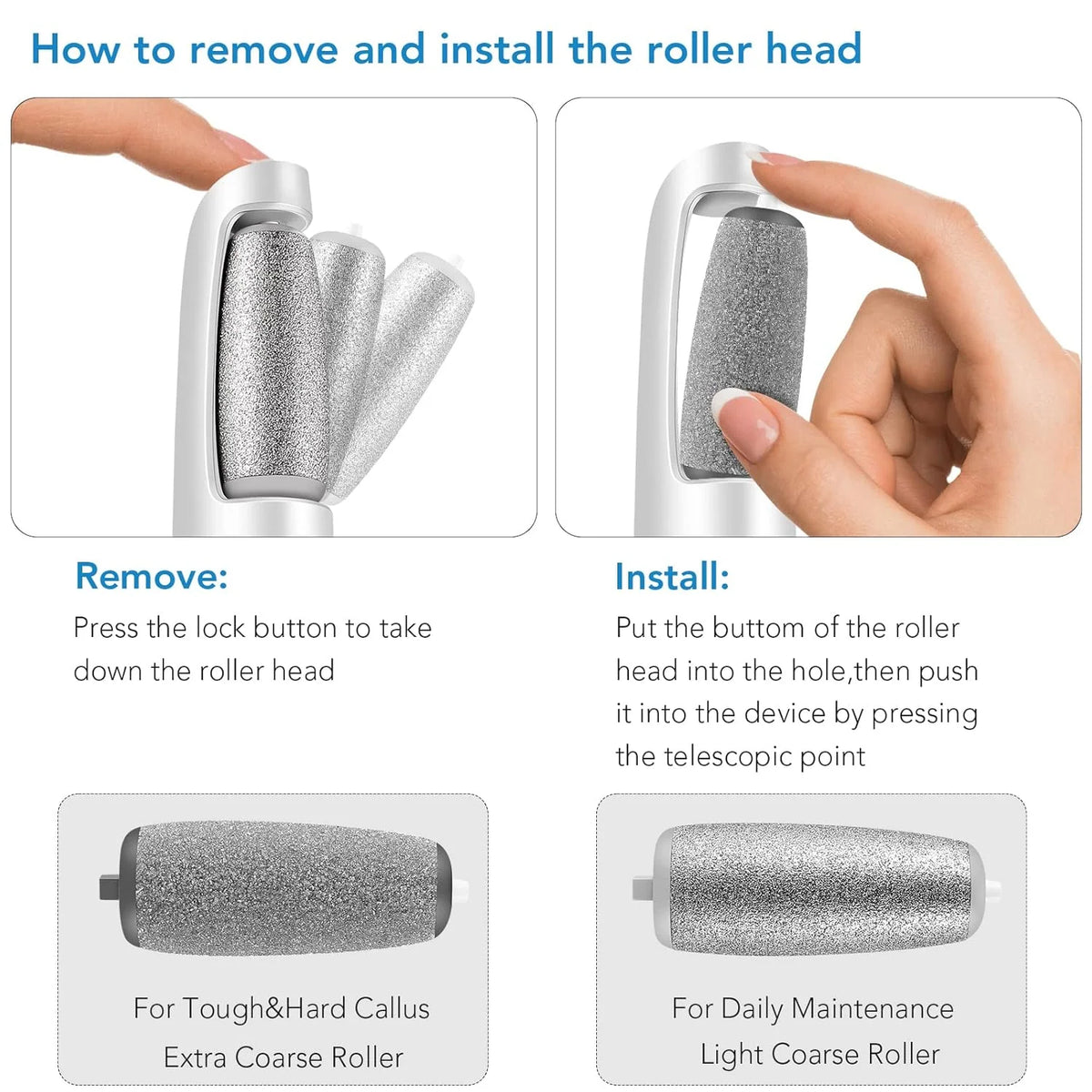 Electric Foot File Rechargeable Cordless Dual Roller Heads 3 Speeds