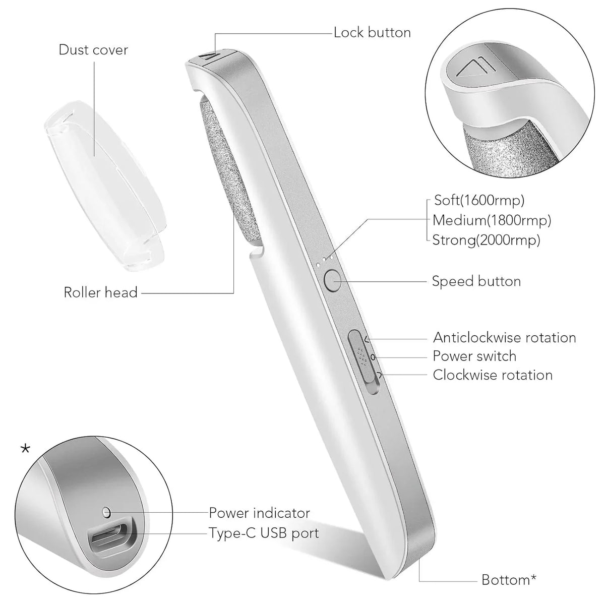 Electric Foot File Rechargeable Cordless Dual Roller Heads 3 Speeds
