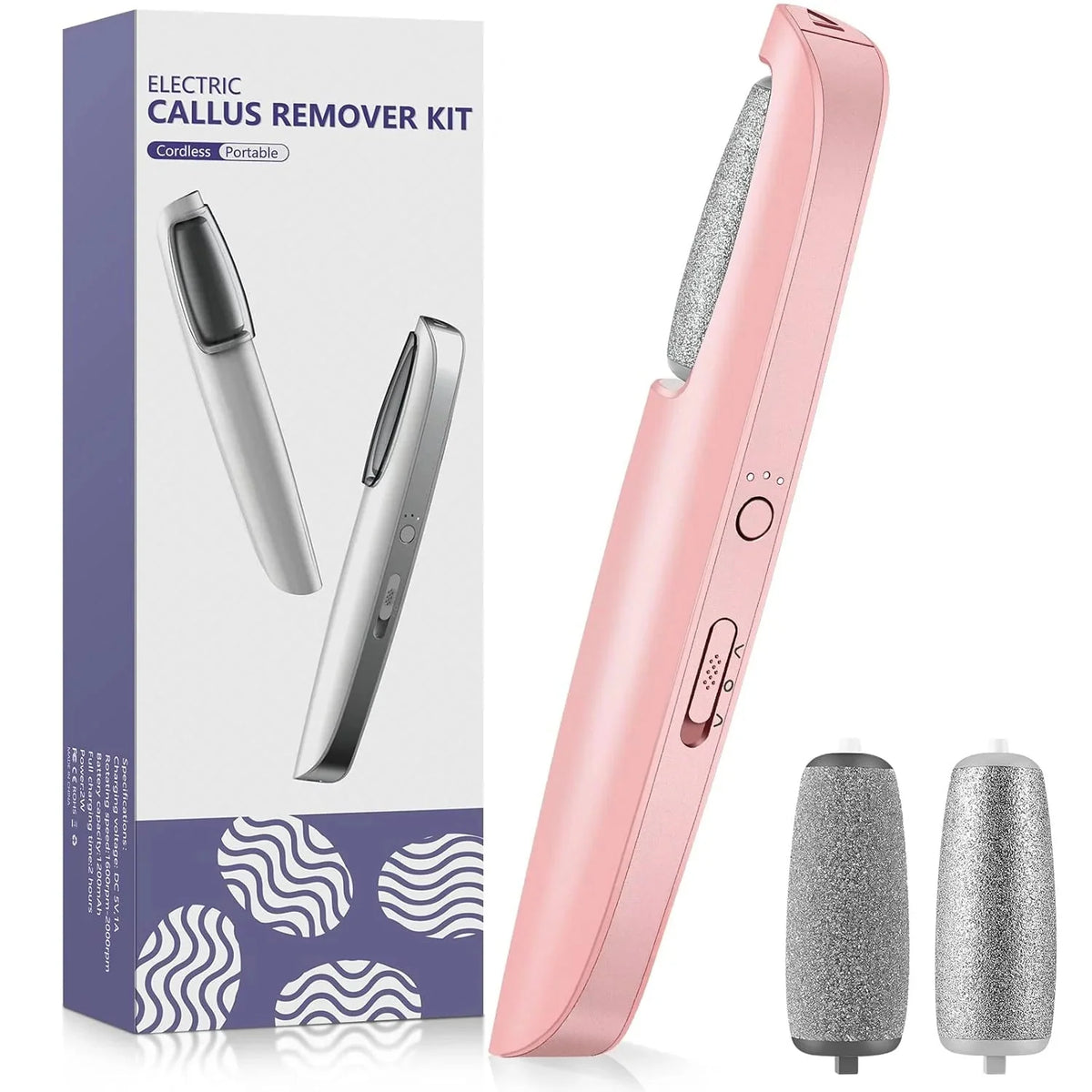 Electric Foot File Rechargeable Cordless Dual Roller Heads 3 Speeds
