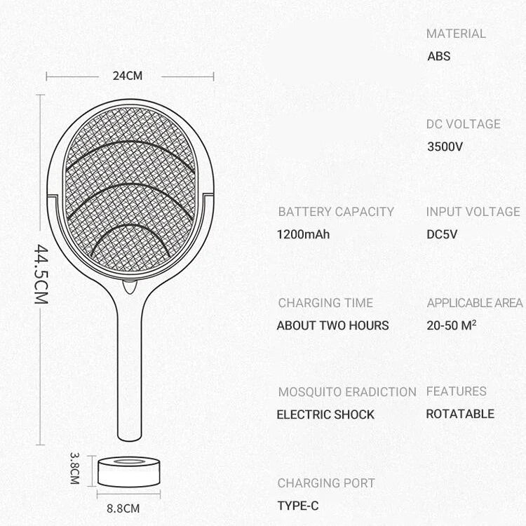 Electric Mosquito Swatter LED Lamp Adjustable Head USB Rechargeable
