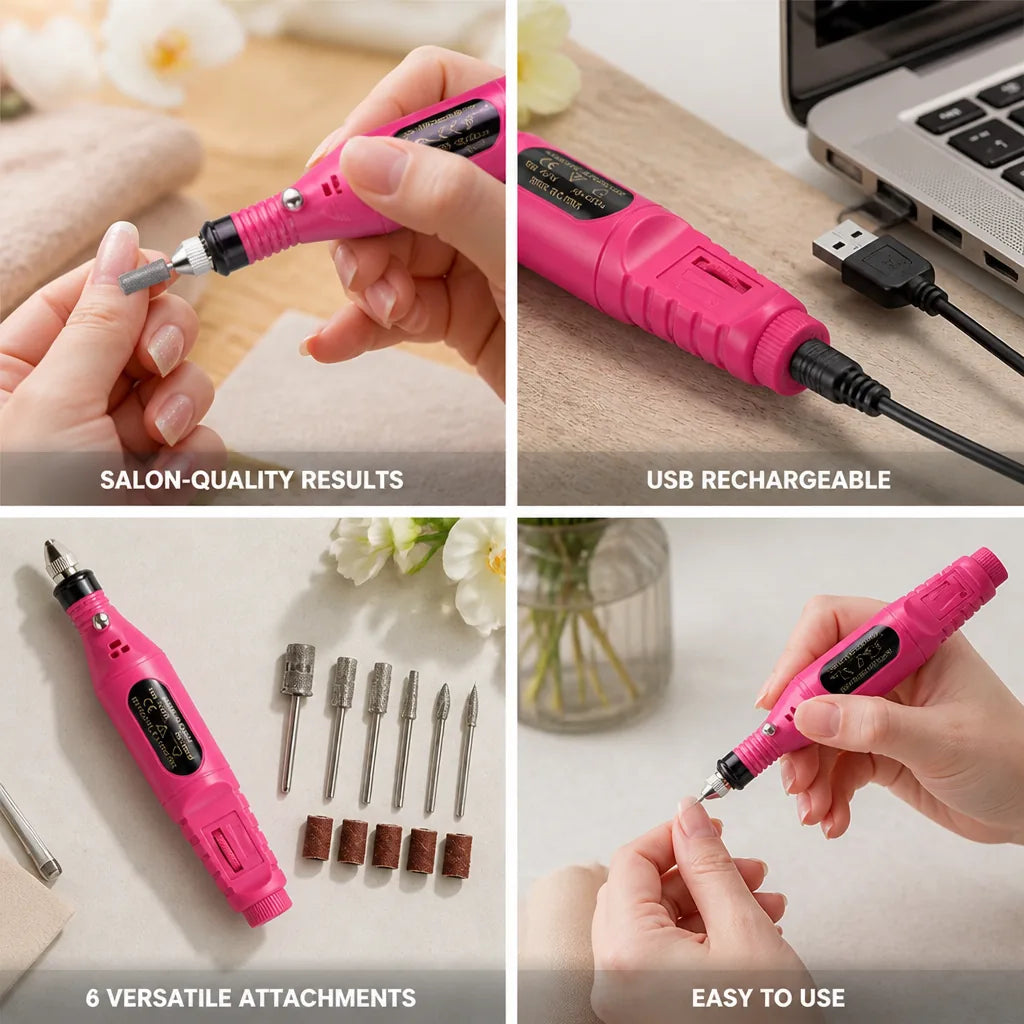 Electric Nail File Cordless USB Rechargeable 6 Attachments
