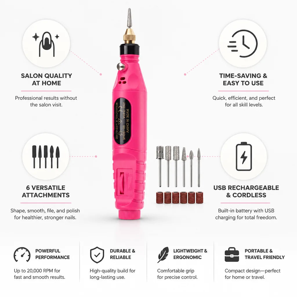 Electric Nail File Cordless USB Rechargeable 6 Attachments