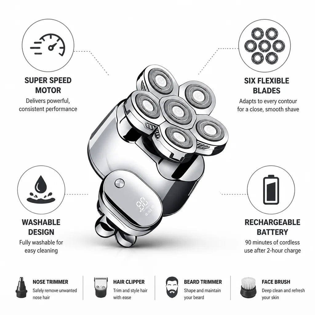 Electric Shaver & Grooming Kit Six-Blade Flexible Rechargeable Washable