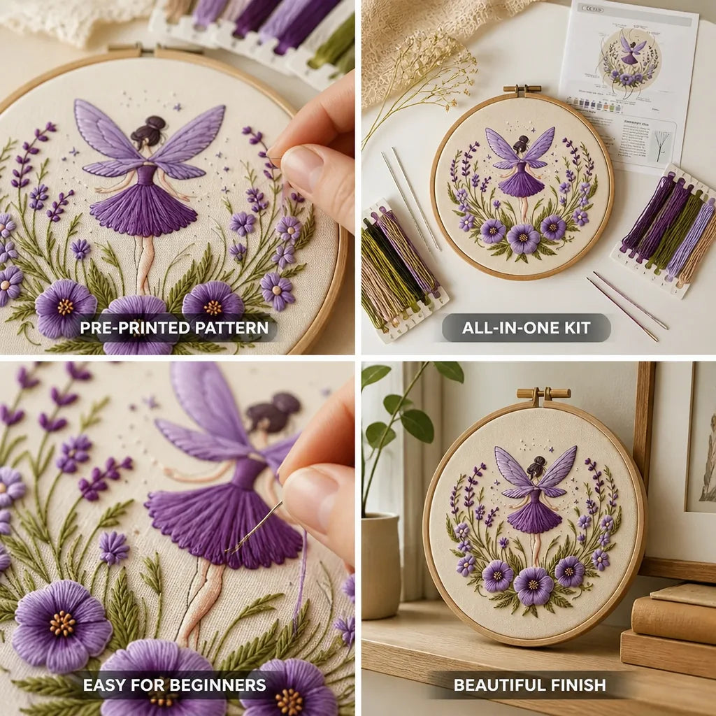 Embroidery Kit Pre-Printed Fairy Pattern Hoop & Cotton Threads