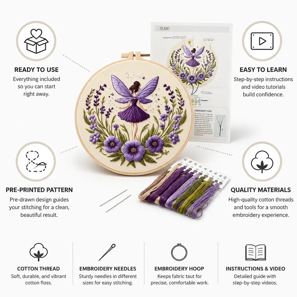 Embroidery Kit Pre-Printed Fairy Pattern Hoop & Cotton Threads