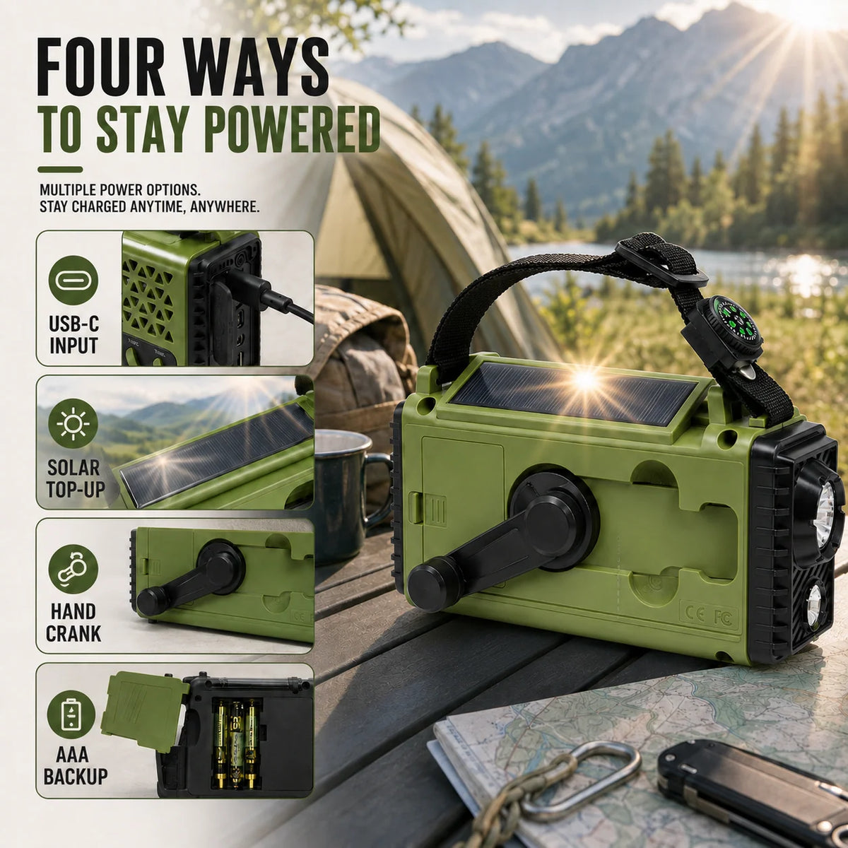 Emergency Radio Hand Crank & Solar Charging 10,000 mAh Battery