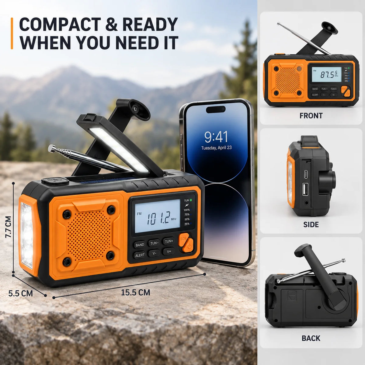 Emergency Radio Hand Crank & Solar Charging Bluetooth Flashlight