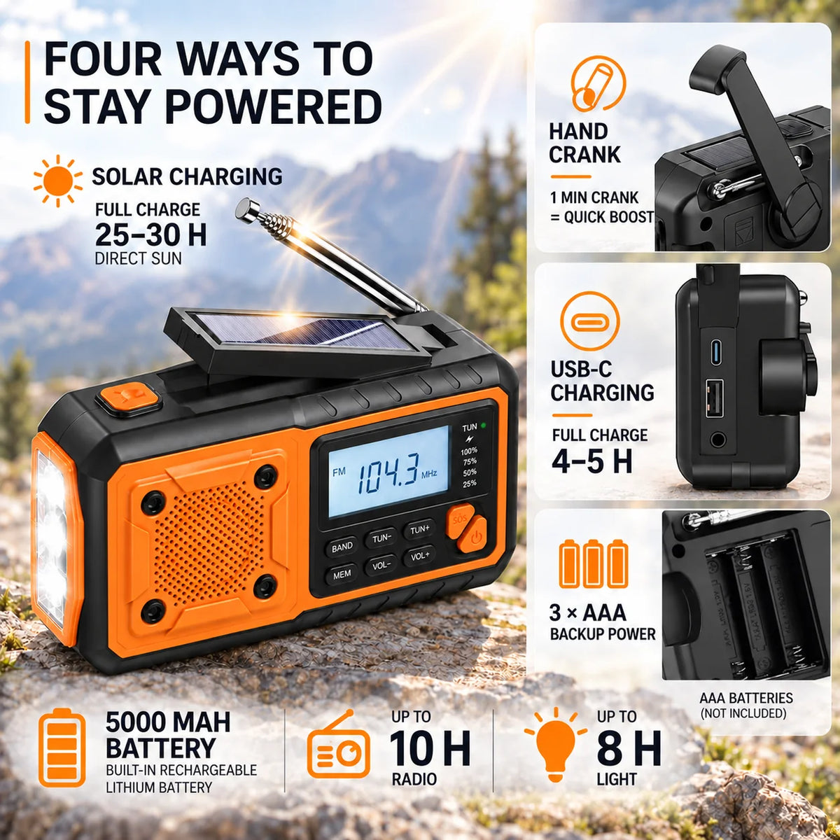 Emergency Radio Hand Crank & Solar Charging Bluetooth Flashlight