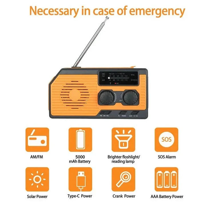 Emergency Radio Solar & Hand Crank Powered USB Phone Charging 5000mAh Battery
