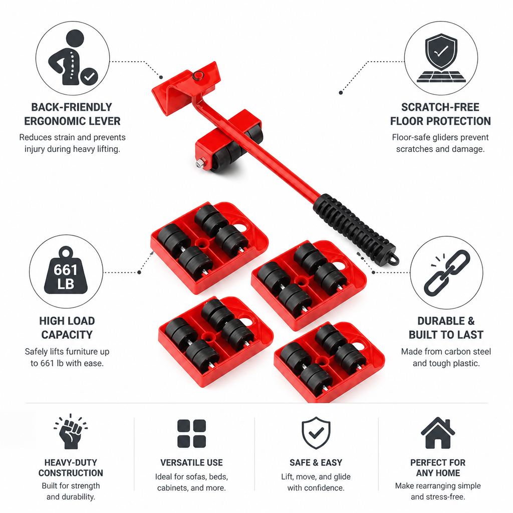 Ergonomic Heavy-Duty Furniture Lifter (1 Lifter + 4 Gliders)