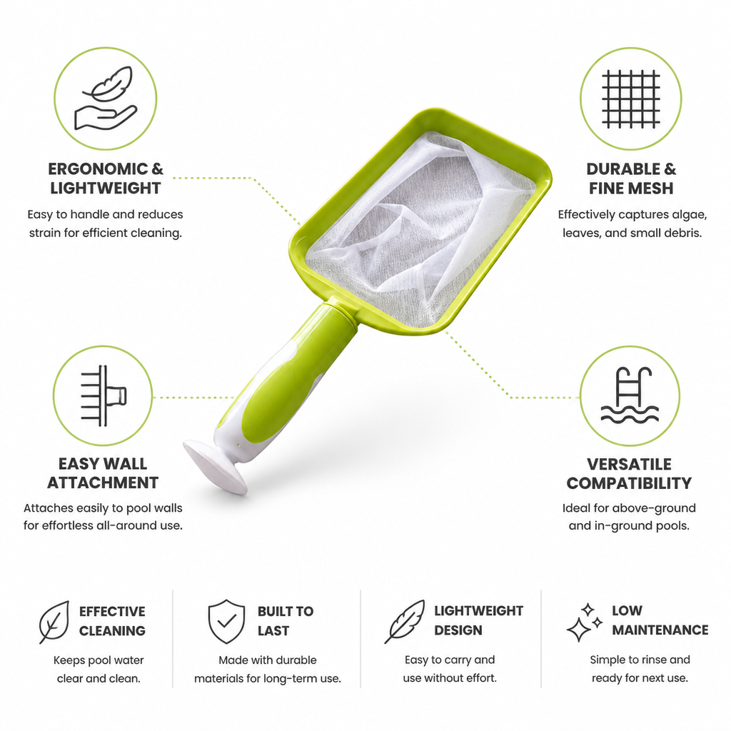 Ergonomic Lightweight Fine-Mesh Pool & Pond Skimmer Net (Wall-Attachable)