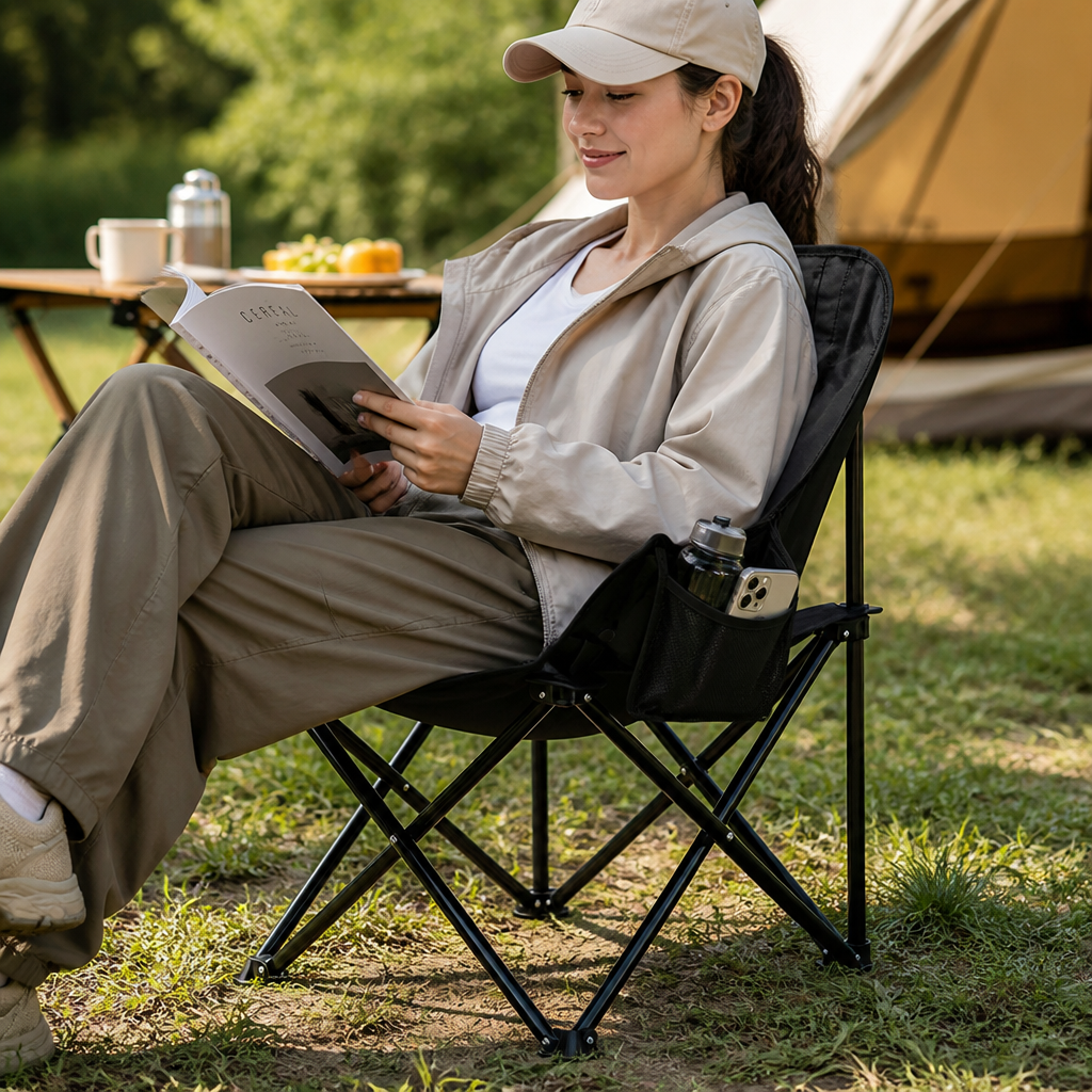 Ergonomic Lightweight Weather-Resistant Folding Chair With Side Pocket