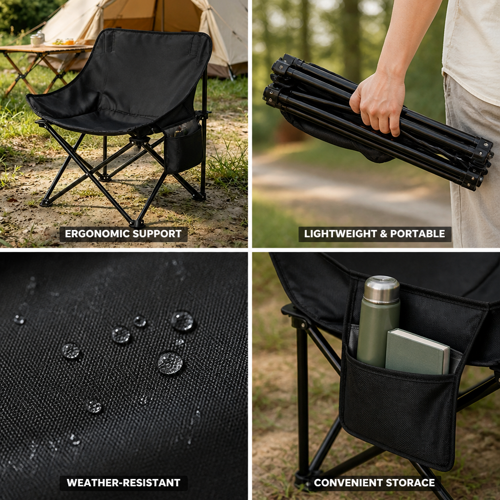 Ergonomic Lightweight Weather-Resistant Folding Chair With Side Pocket