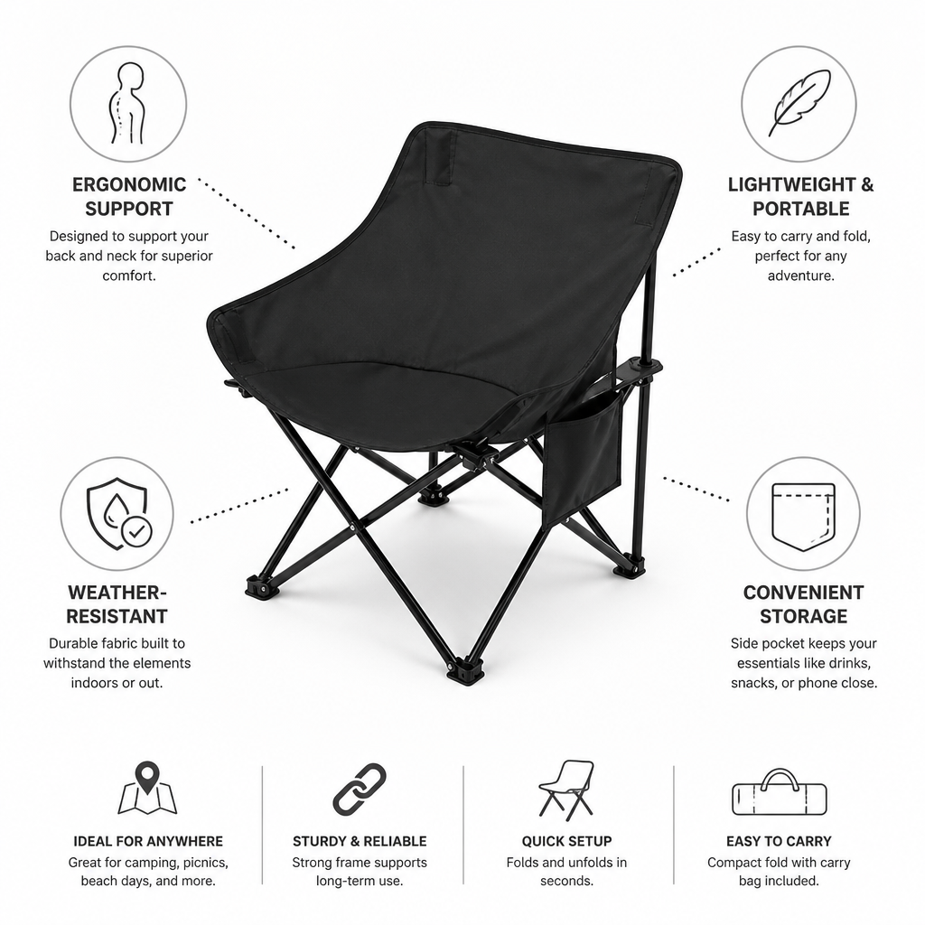 Ergonomic Lightweight Weather-Resistant Folding Chair With Side Pocket