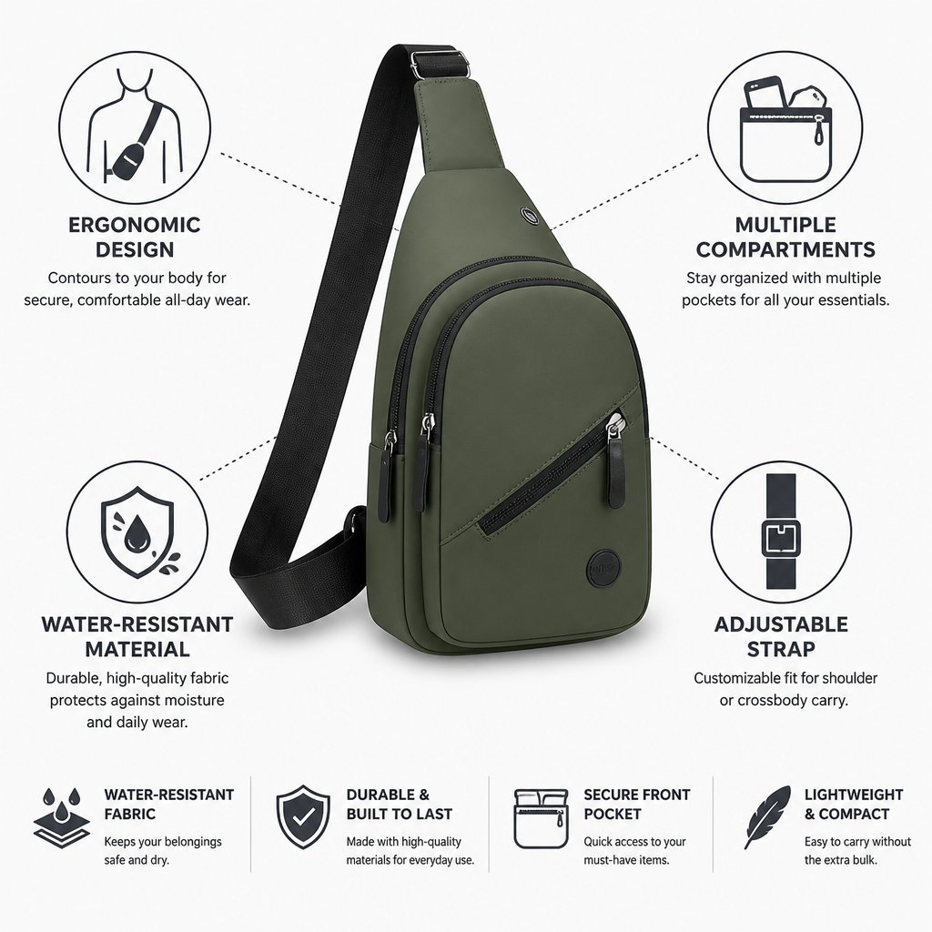 Ergonomic Multi-Compartment Water-Resistant Crossbody Sling Bag