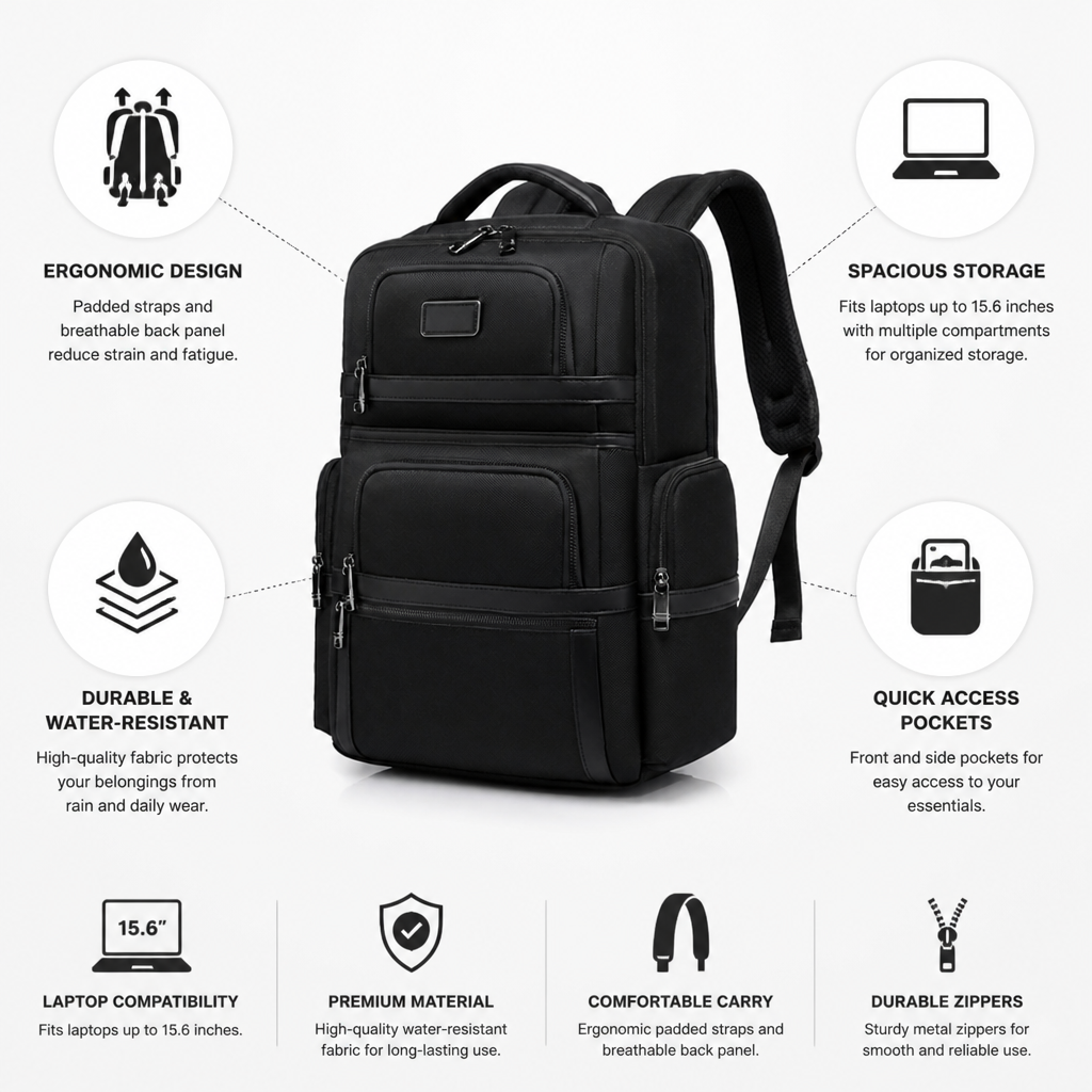 Ergonomic Padded Straps & Breathable Back Laptop Backpack (Fits 15.6-Inch Laptop)