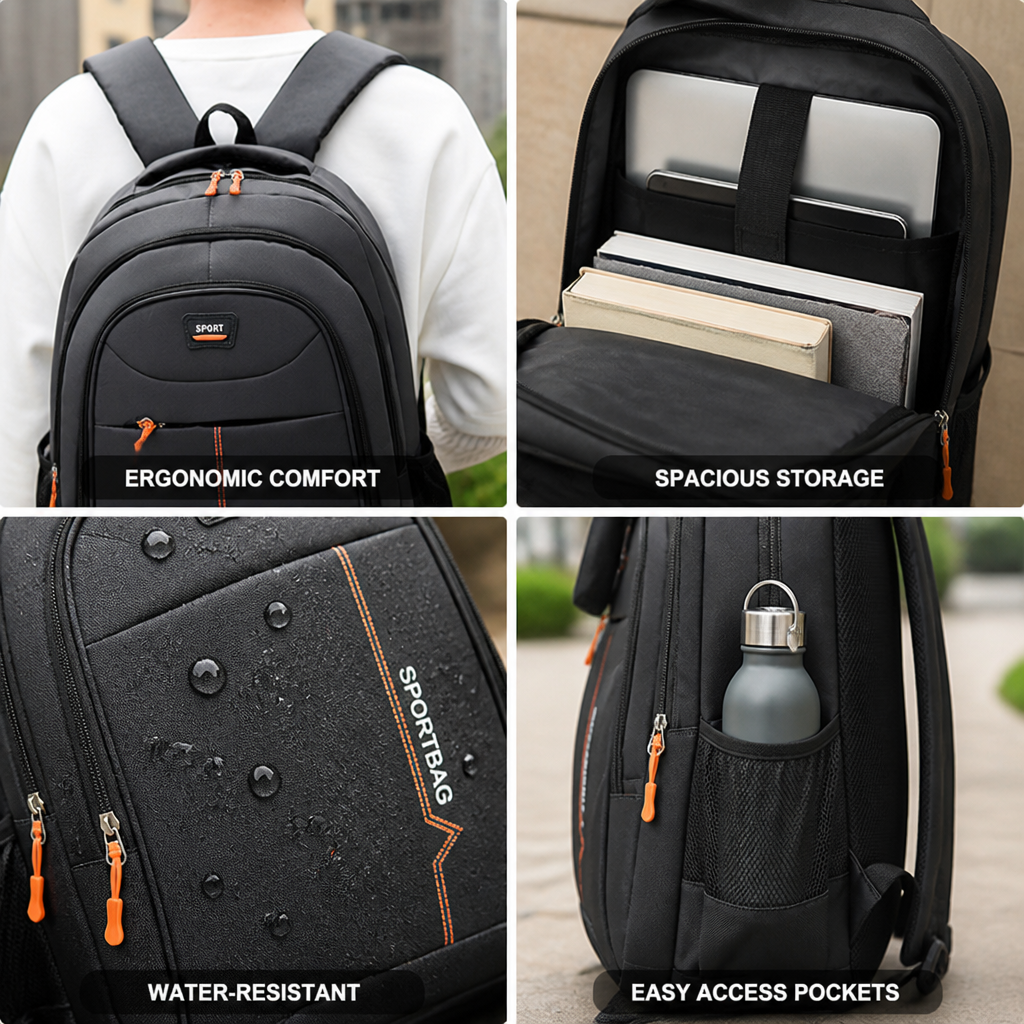 Ergonomic Padded Straps & Water-Resistant Sports Backpack (Fits 17" Laptop)