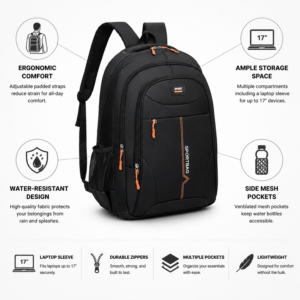 Ergonomic Padded Straps & Water-Resistant Sports Backpack (Fits 17" Laptop)