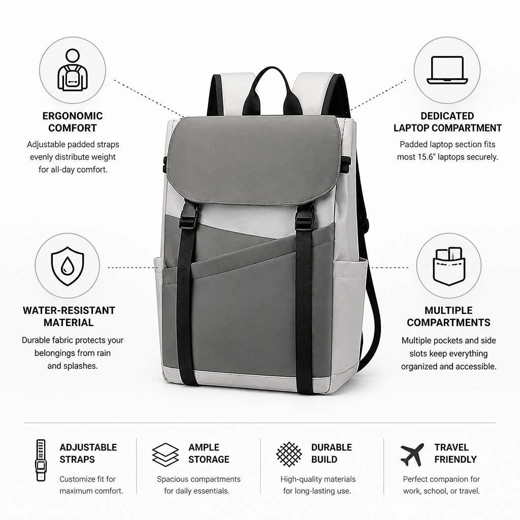 Ergonomic Padded Straps & Water-Resistant Travel Backpack (Laptop Compartment)