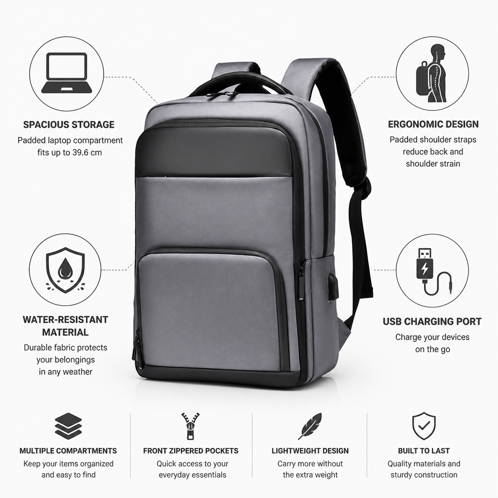 Ergonomic Water-Resistant Laptop Backpack (Fits 15.6-Inch Laptop)