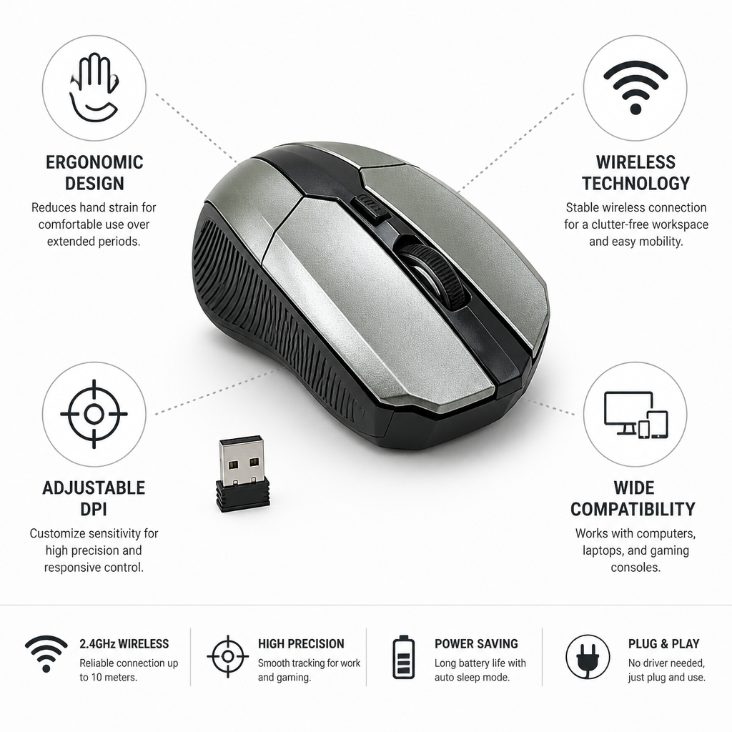 Ergonomic Wireless Adjustable DPI Mouse