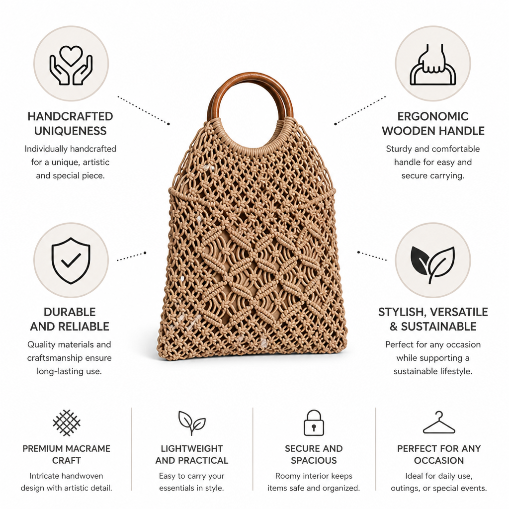 Ergonomic Wooden-Handle Macrame Bag
