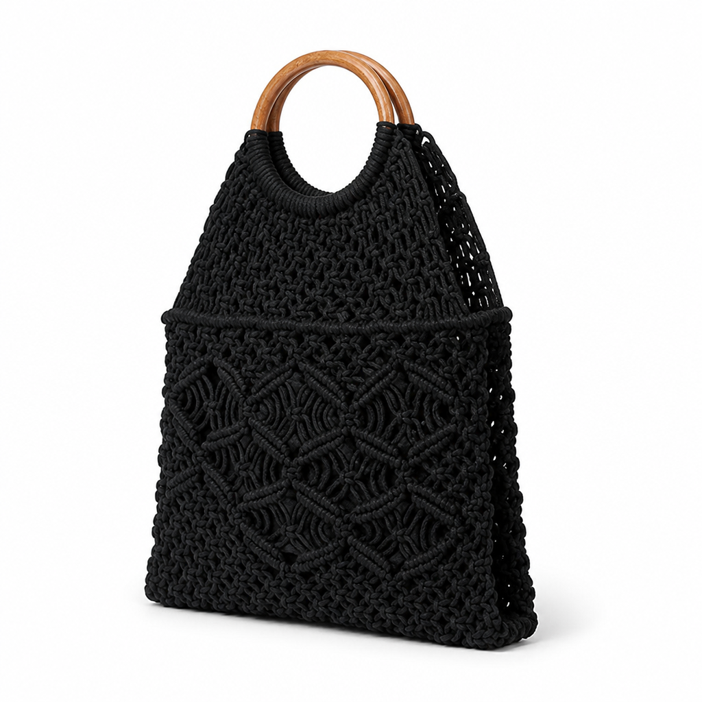 Ergonomic Wooden-Handle Macrame Bag