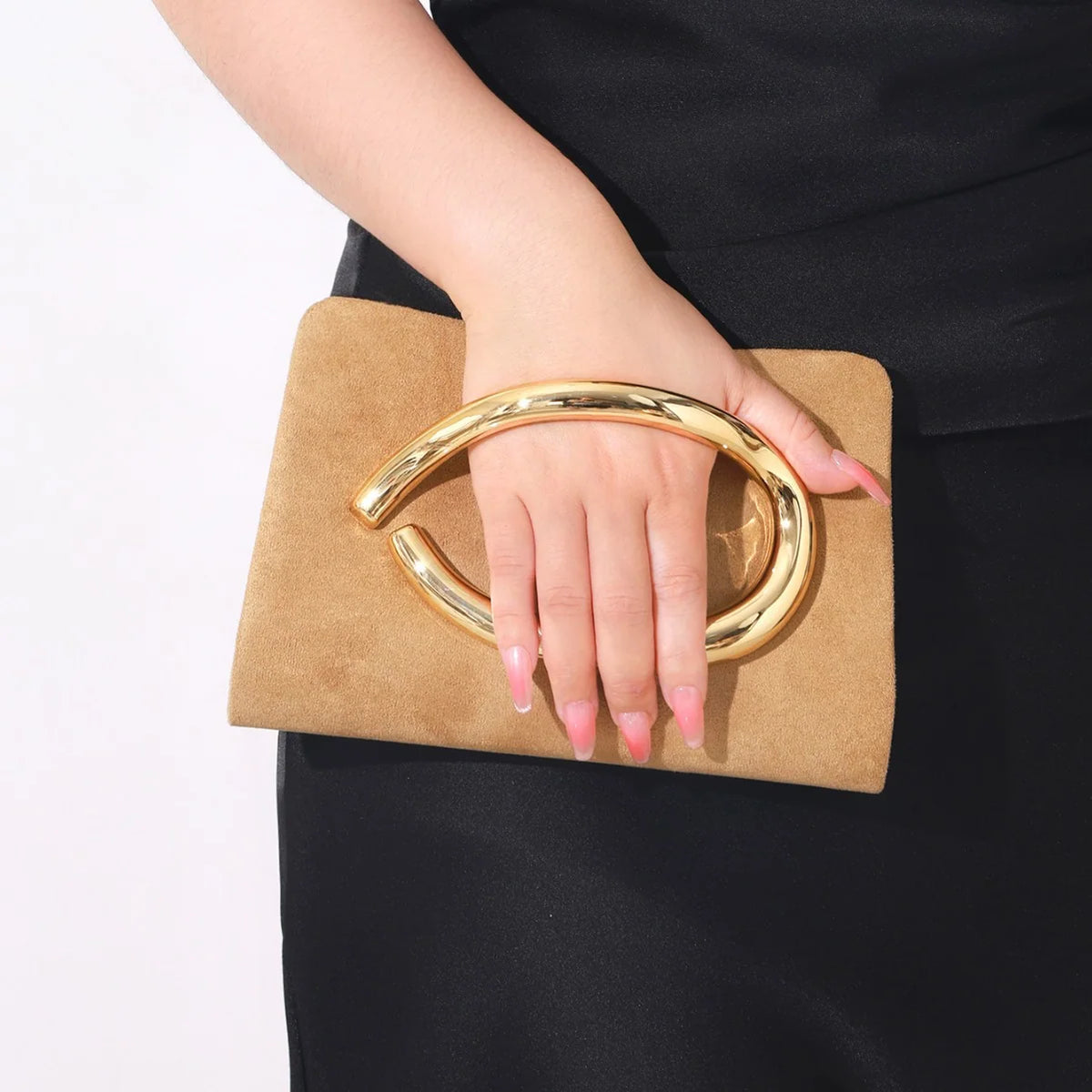 Evening Clutch Suede Gold Handle Secure Closure