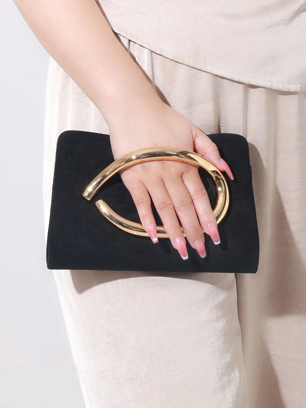 Evening Clutch Suede Gold Handle Secure Closure