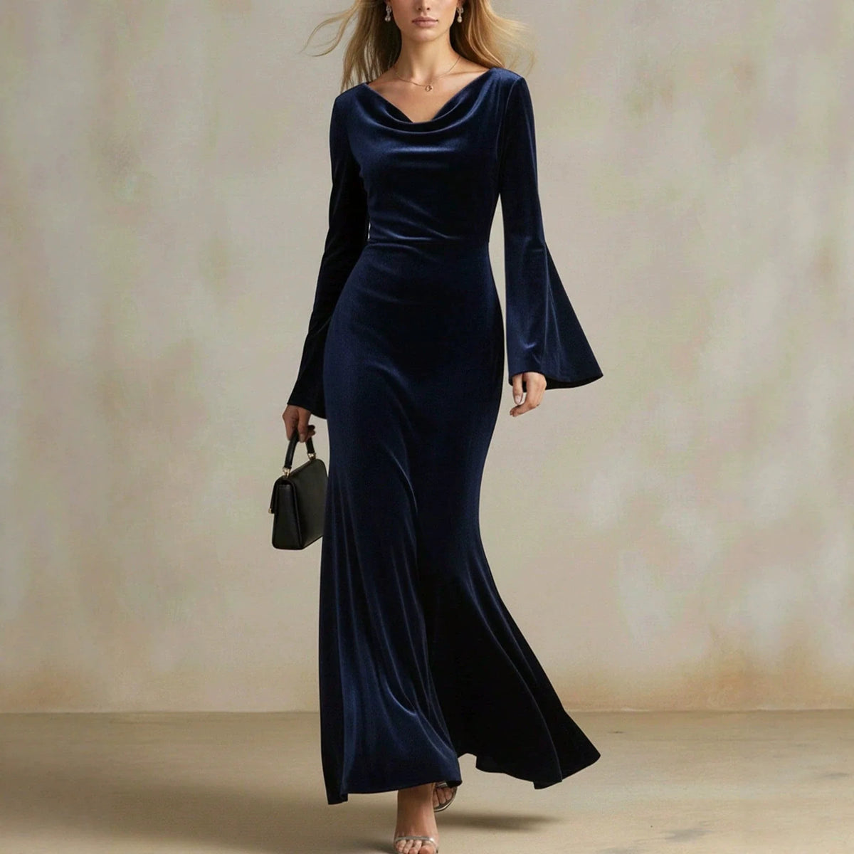 Evening Dress Velvet Cowl Neck Trumpet Sleeves