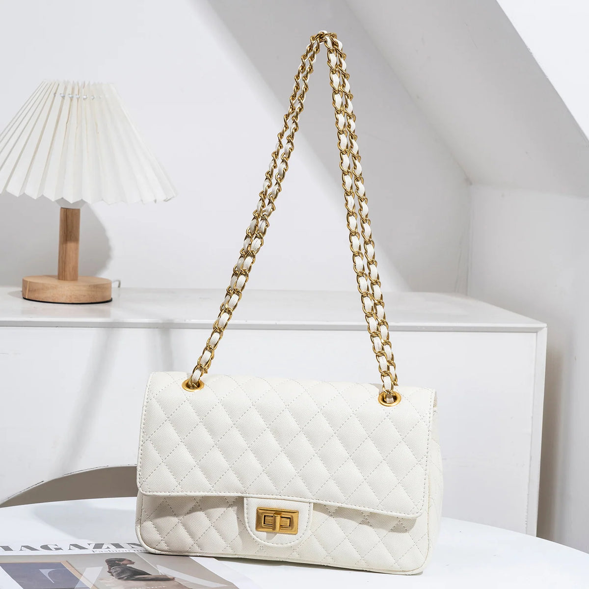 Evening Shoulder Bag Quilted Adjustable Chain Strap Gold-Tone Clasp