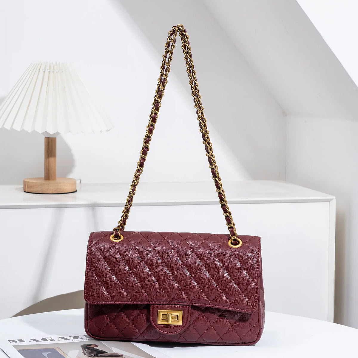 Evening Shoulder Bag Quilted Adjustable Chain Strap Gold-Tone Clasp