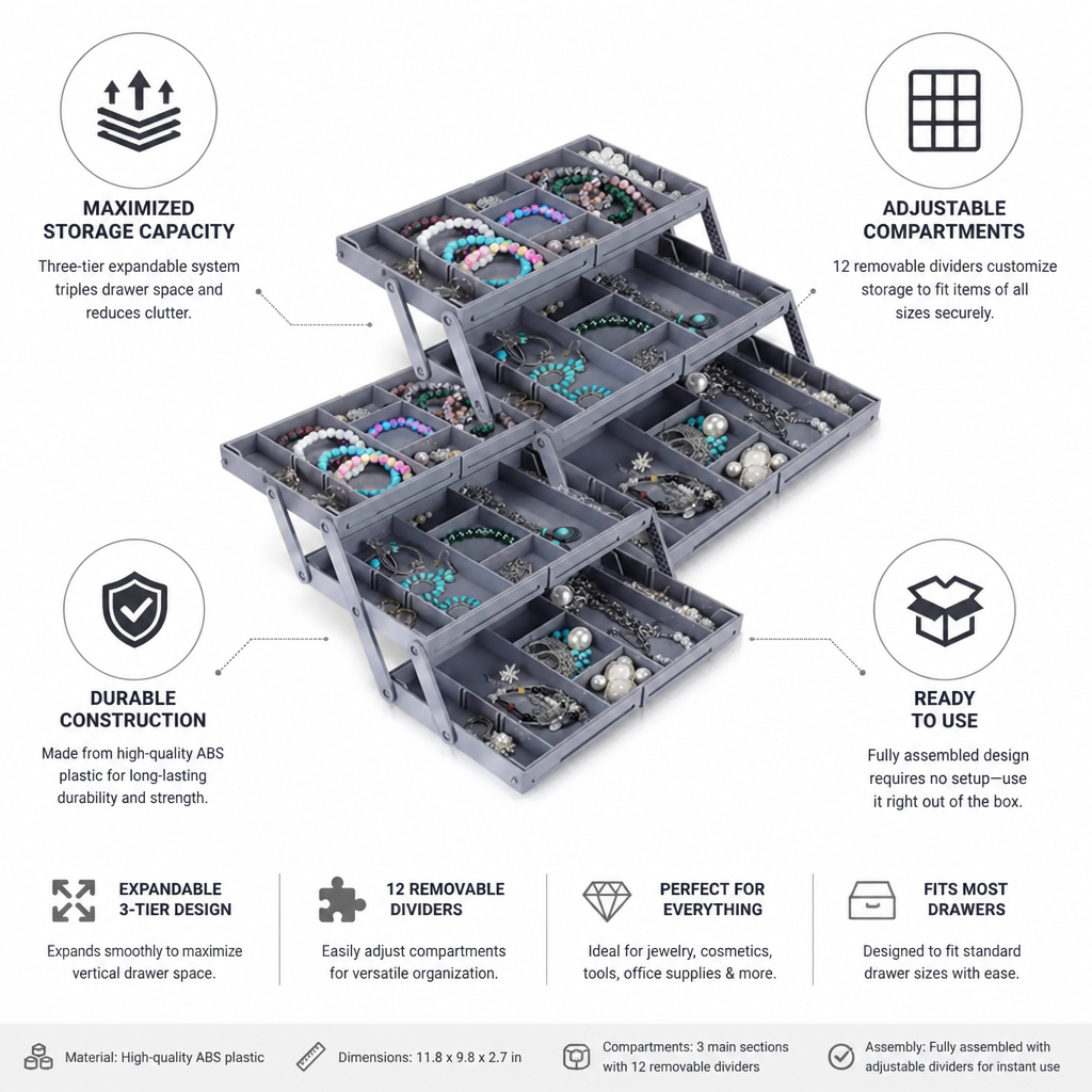 Expandable 3-Tier Drawer Organizer (12 Removable Dividers)